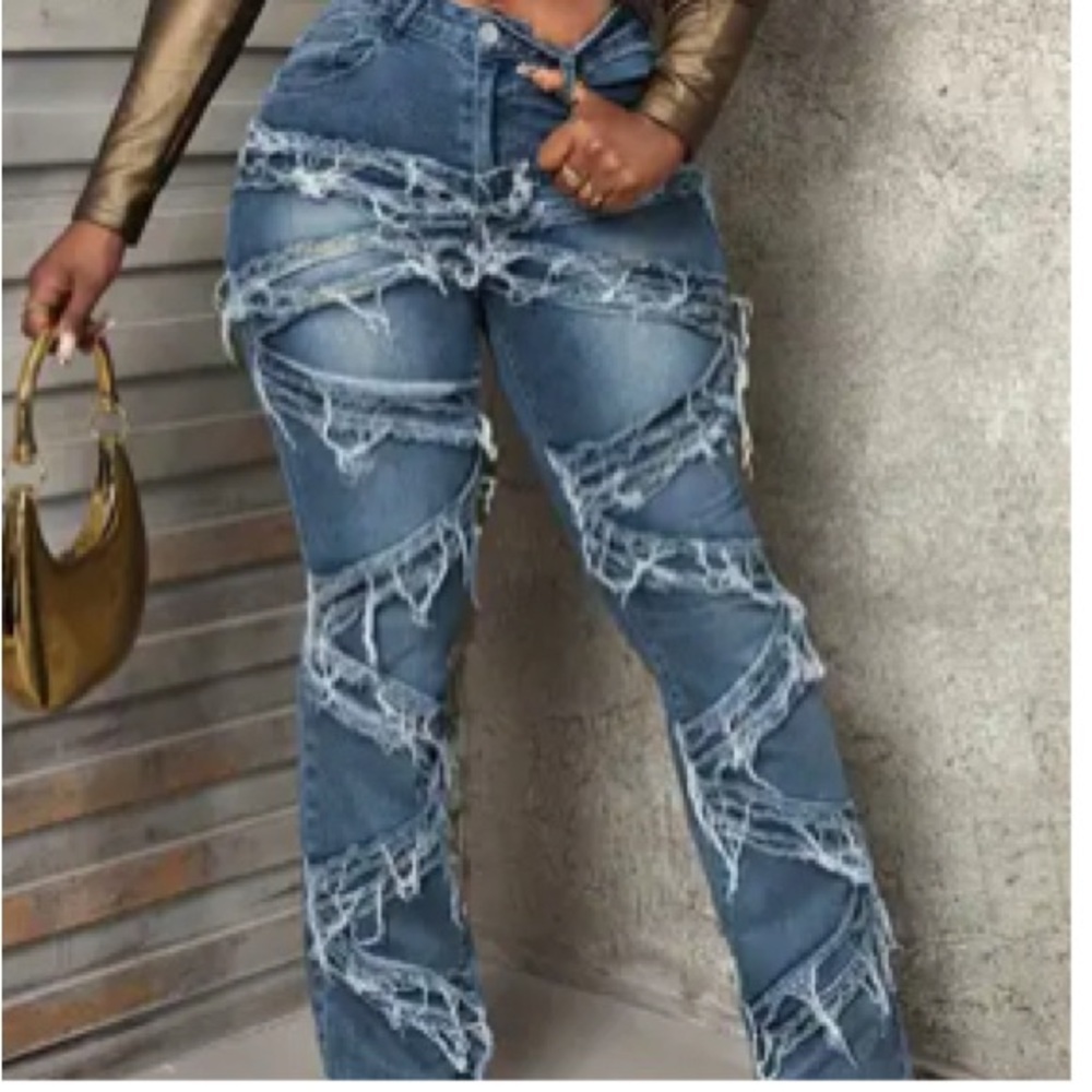 Distressed Blue patchwork fringe Women's Jeans